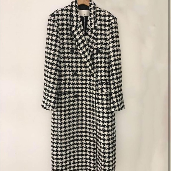 Stylish Houndstooth black & white Coat trench long jacket - Picture 5 of 6